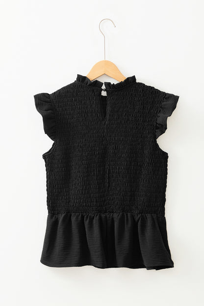 Black Ruffle Short Sleeve Shirred Peplum Top