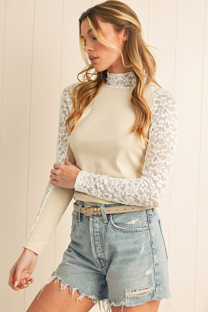 Smoke Gray Floral Lace Patchwork Long Sleeve Slim Top