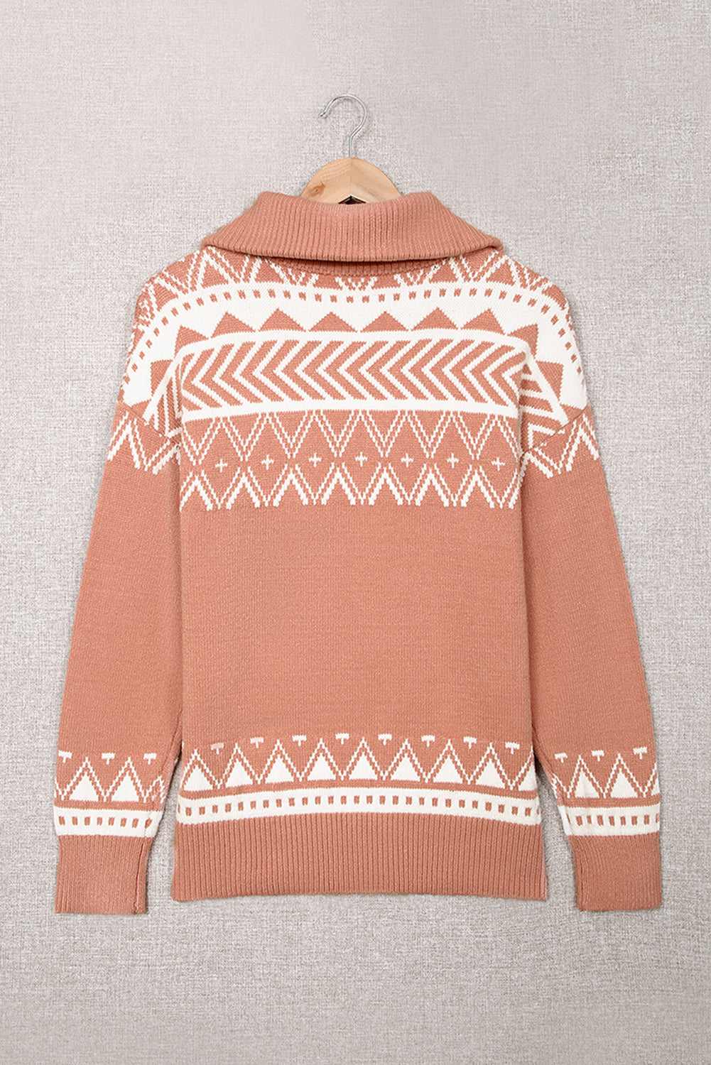 Pink Casual Geometric Knit Quarter Zip Sweater