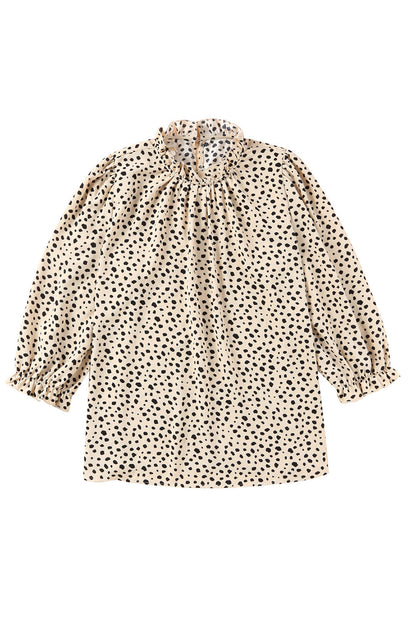 Khaki Leopard 3/4 Ruffle Sleeve Frill Neck Blouse