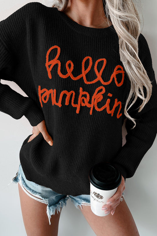 Black Halloween Hello Pumpkin Rib-Knit Graphic Sweater