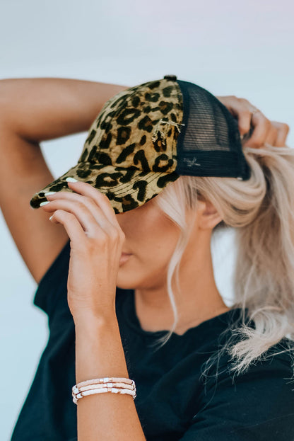 Black Leopard Printed Mesh Splicing Baseball Cap