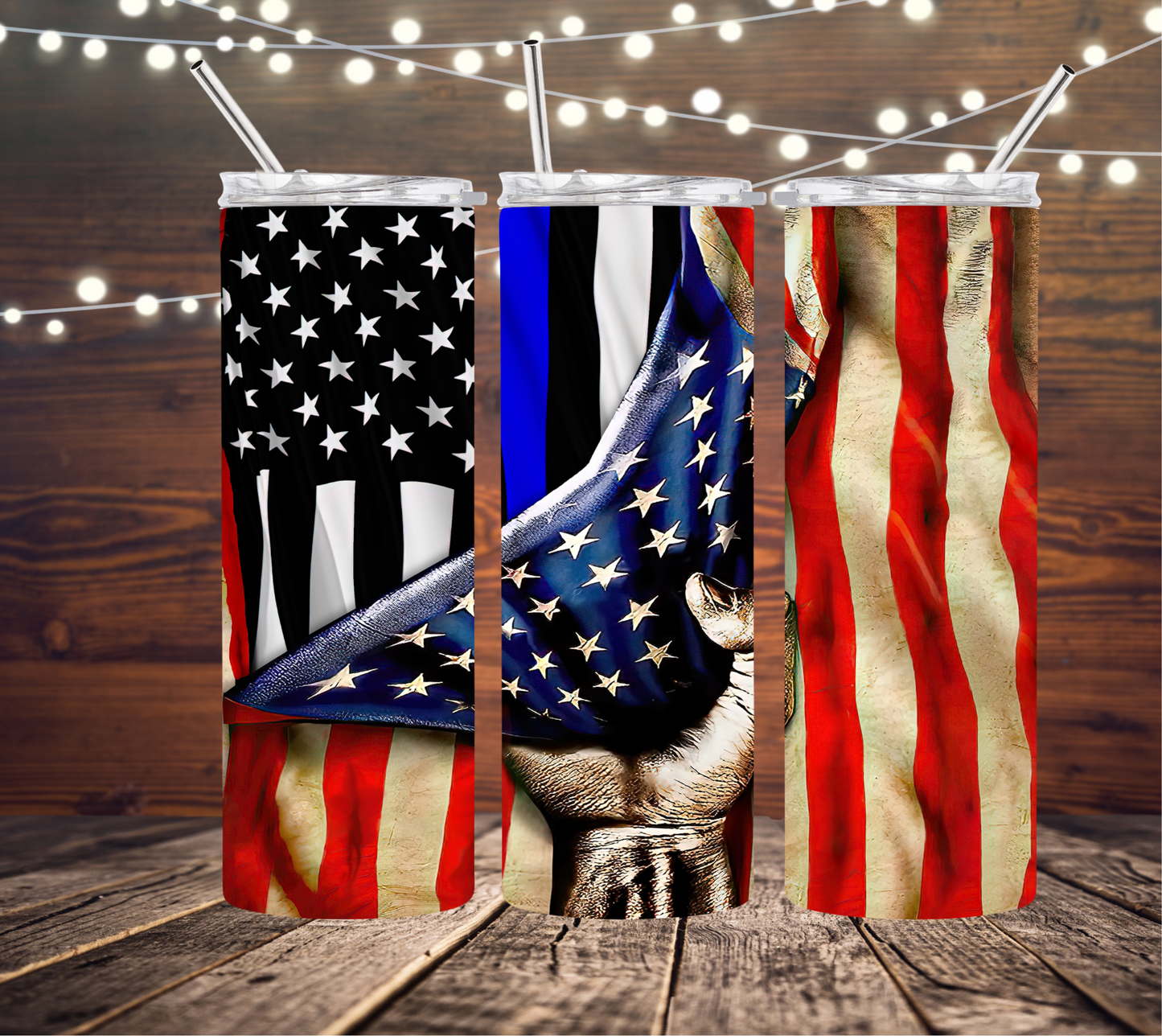 Thin Blue Line Flag & USA Flag 20oz Skinny Tumbler