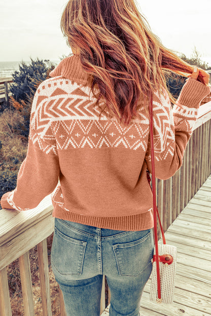 Pink Casual Geometric Knit Quarter Zip Sweater