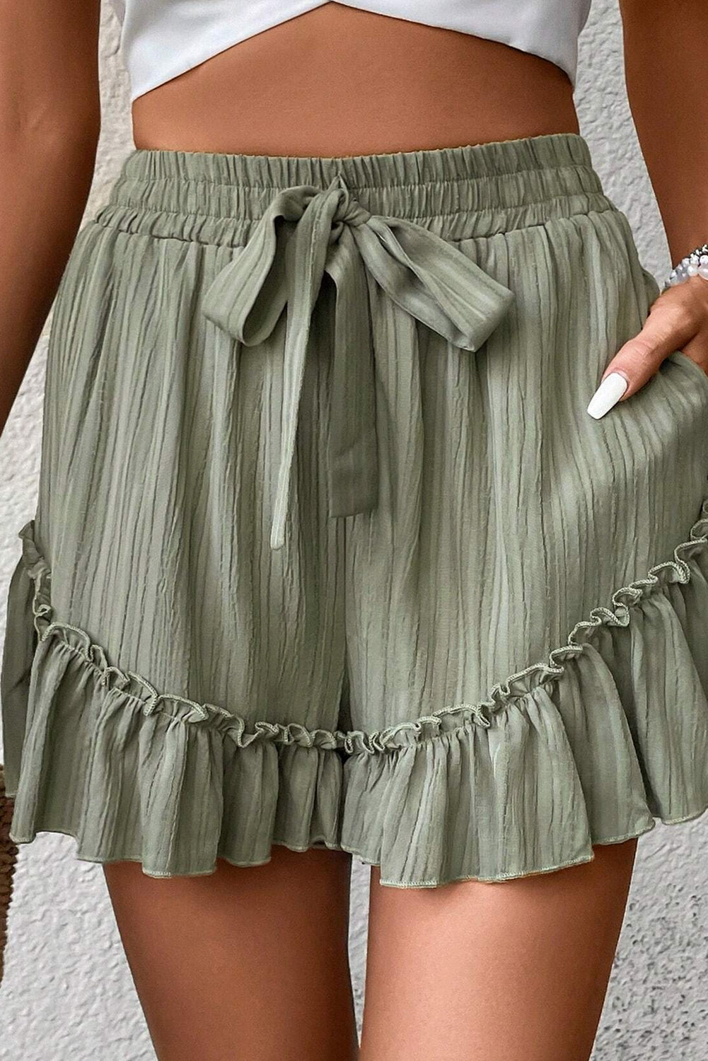 Laurel Green Textured Tie Waist Ruffle Hem Shorts