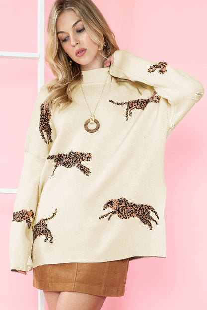 Parchment Cheetah Print High Neck Split Hem Sweater
