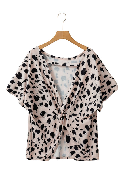 Khaki Leopard Print Twist Open Back Plus Size Top