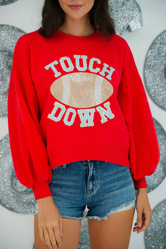 White TOUCH DOWN Rugby Graphic Pullover Sweatshirt