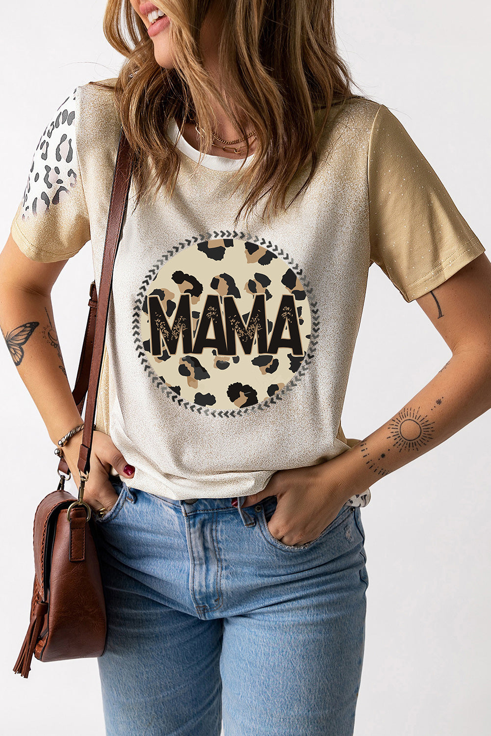Khaki MAMA Leopard Bleached Graphic Crew Neck T Shirt