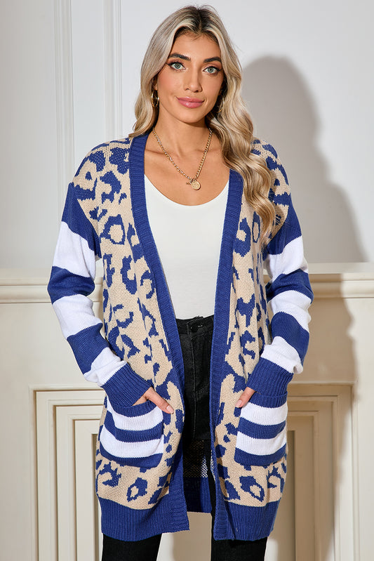 Dark Blue Stripe Sleeve Leopard Print Cardigan