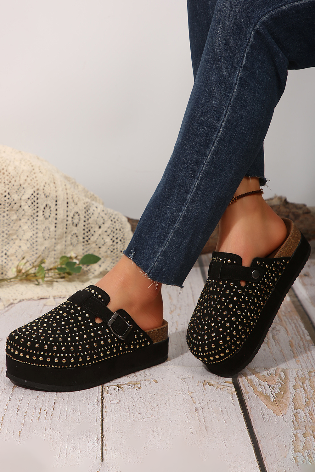 Parchment Vintage Studded Platform Slippers