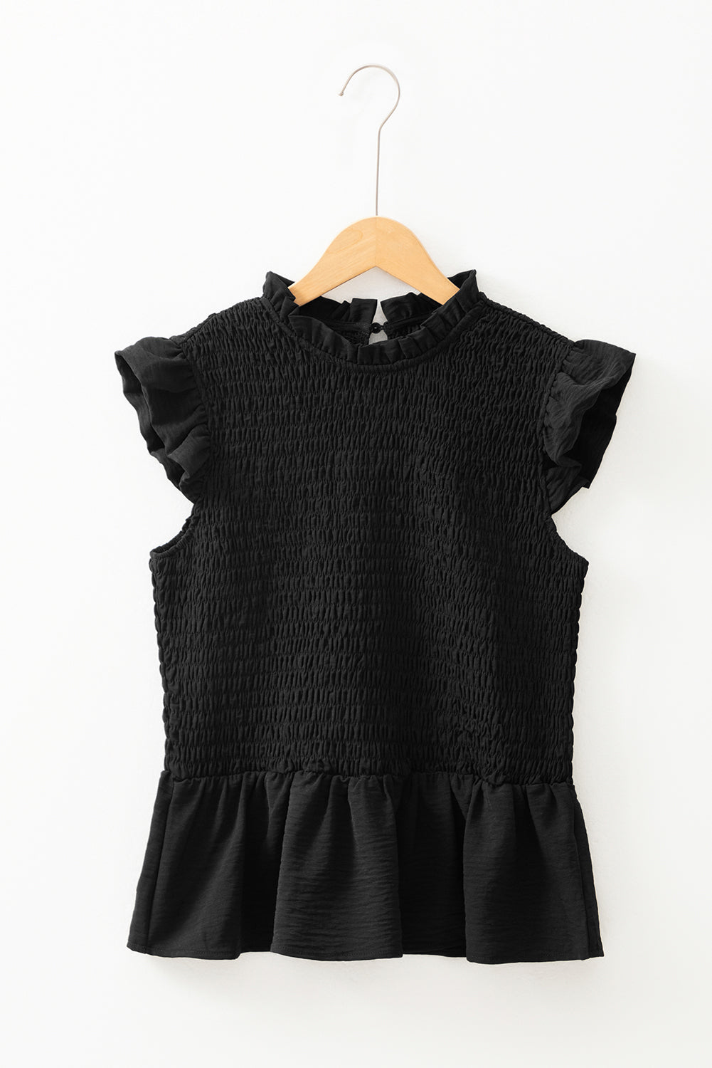 Black Ruffle Short Sleeve Shirred Peplum Top