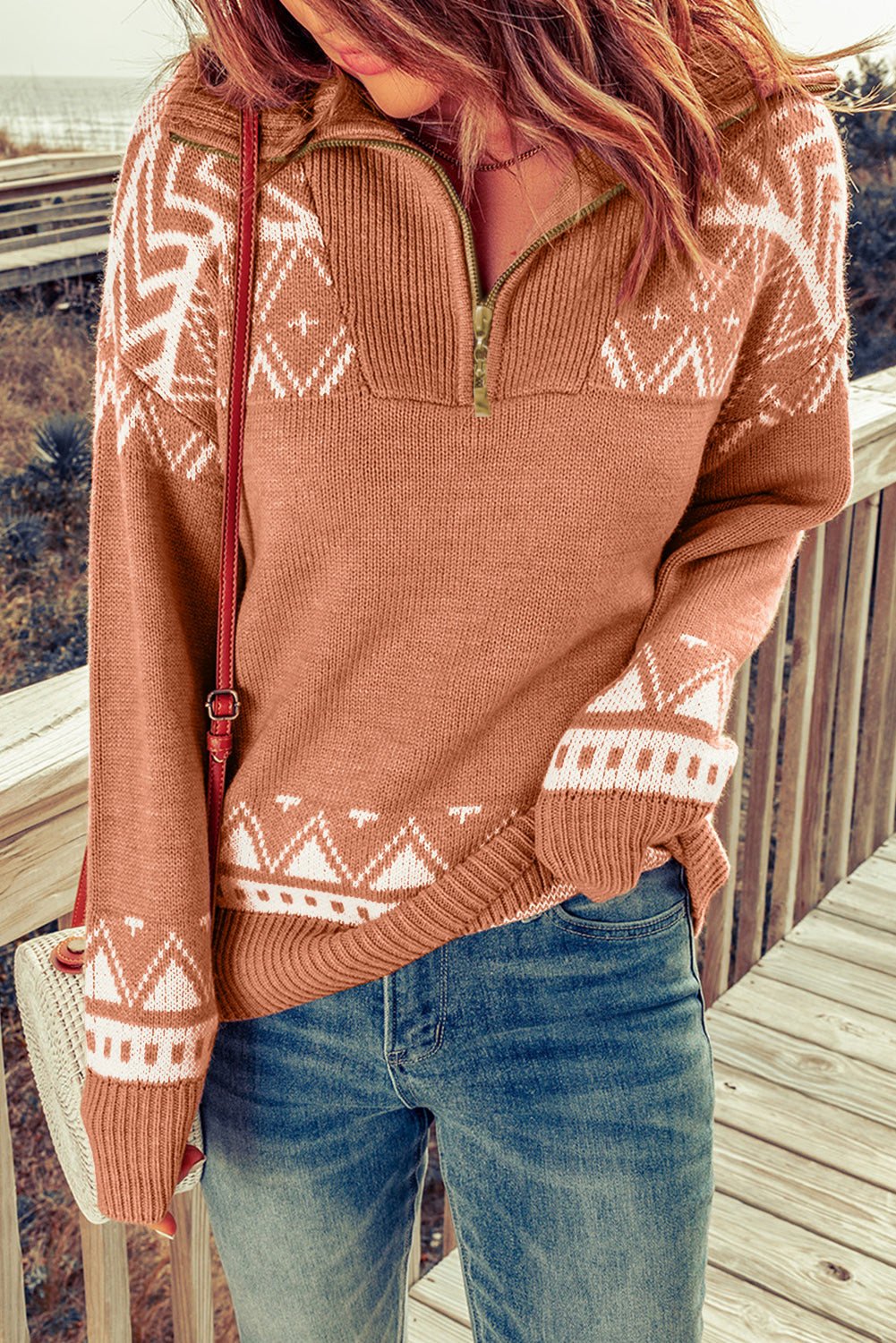 Pink Casual Geometric Knit Quarter Zip Sweater