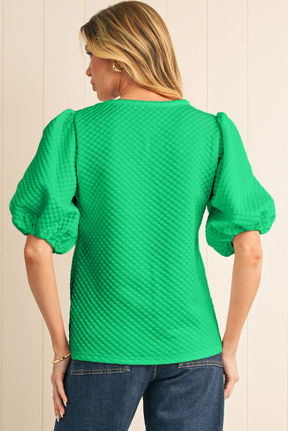 Sea Green Solid Textured O Neck Puff Sleeve Blouse