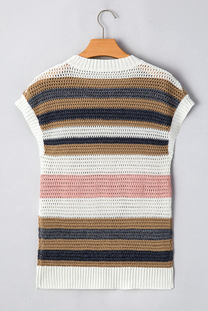 Pink Stripe Colorblock Eyelet Knit Short Sleeve Sweater Tee