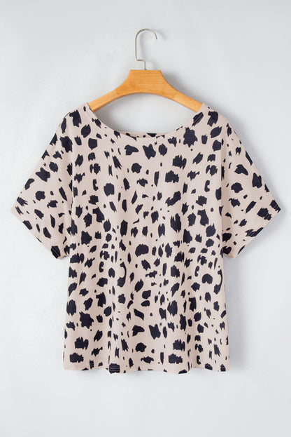 Khaki Leopard Print Twist Open Back Plus Size Top