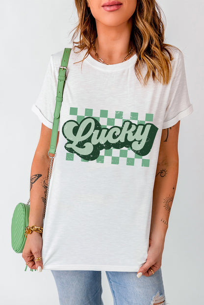 White St Patricks Day Lucky Letter Crewneck Tee