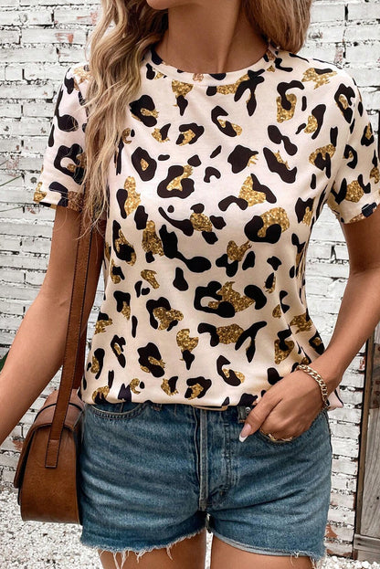 Apricot Leopard Print Round Neck Casual T Shirt