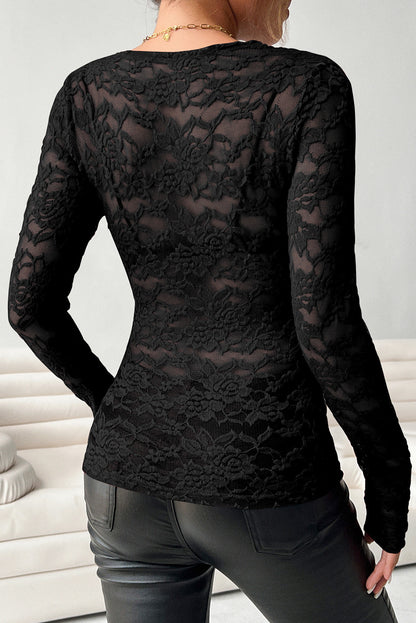 Black V-Neck Scalloped Edge Lace Long Sleeve Top