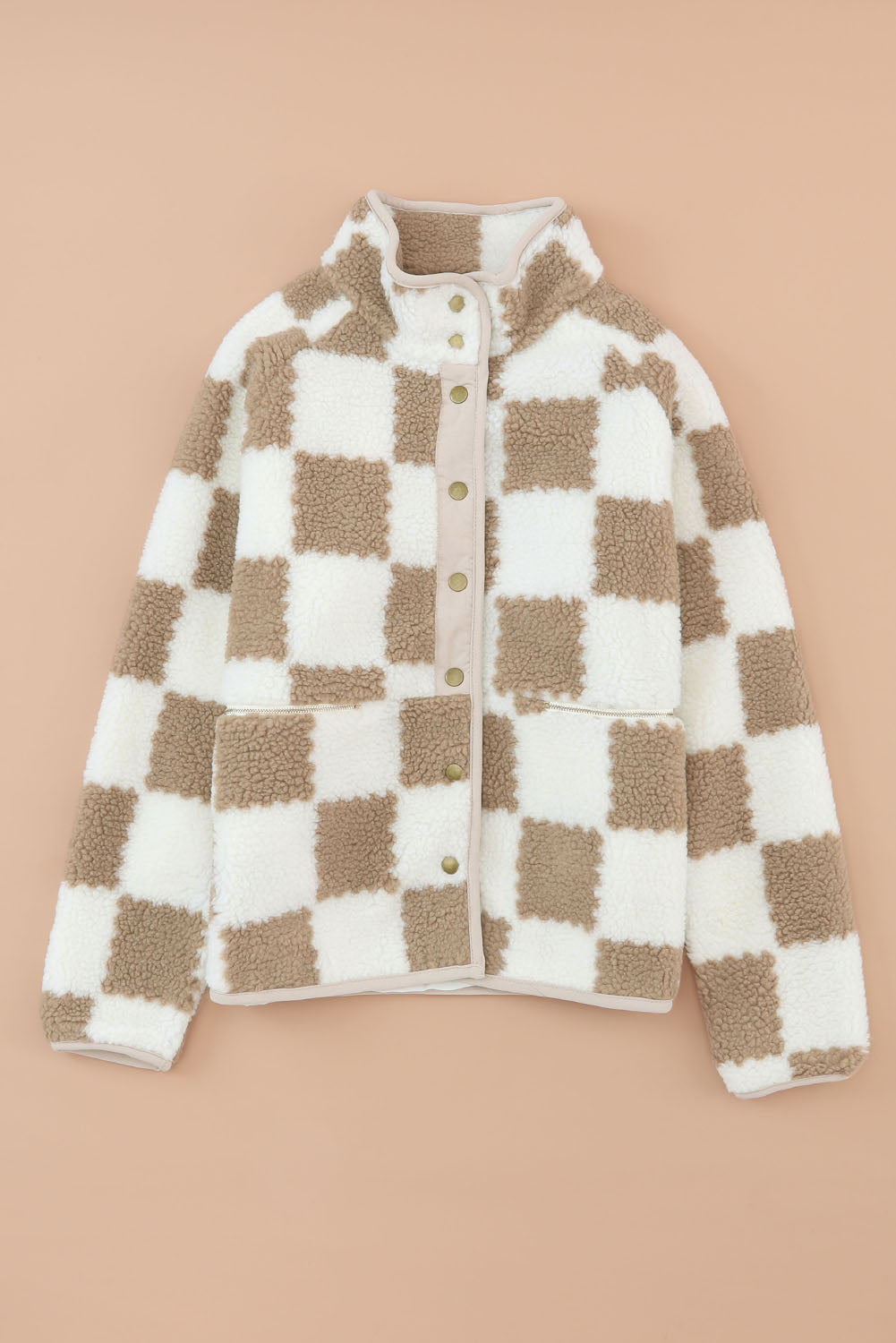 Brown Checked Snap Button Zip Pockets Sherpa Jacket