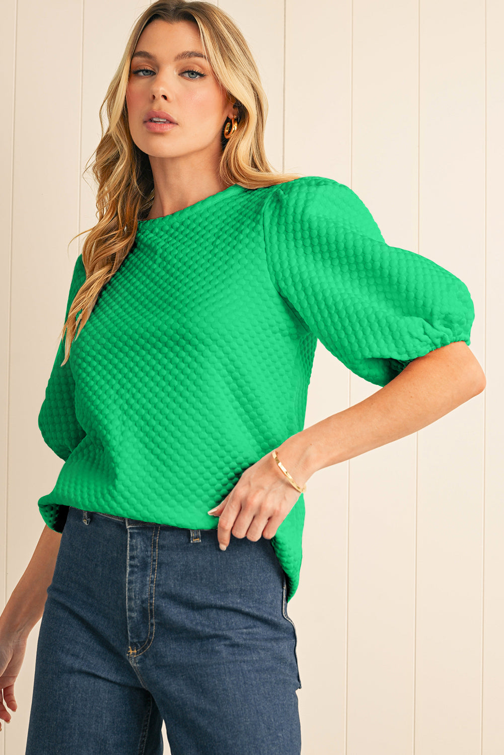 Sea Green Solid Textured O Neck Puff Sleeve Blouse