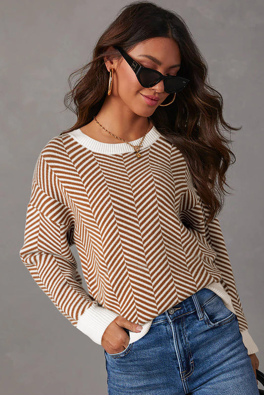 Coffee Stripe Contrast Edge Crew Neck Drop Shoulder Sweater