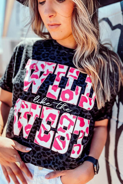 Black Leopard WILD like the WEST Letter Print Graphic Tee