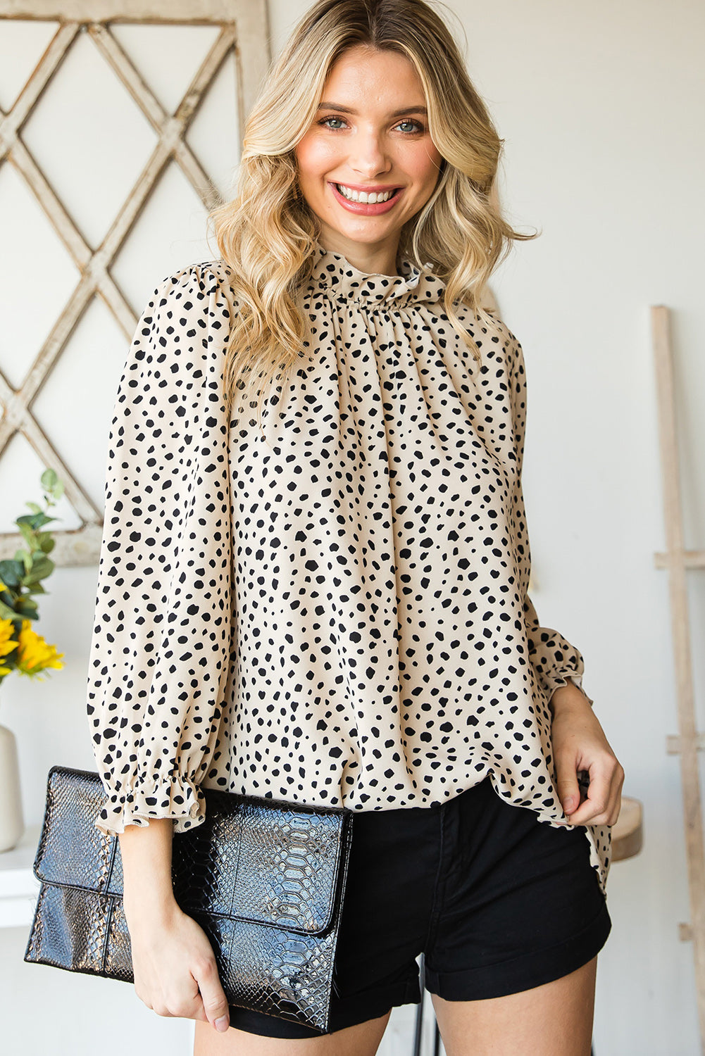 Khaki Leopard 3/4 Ruffle Sleeve Frill Neck Blouse