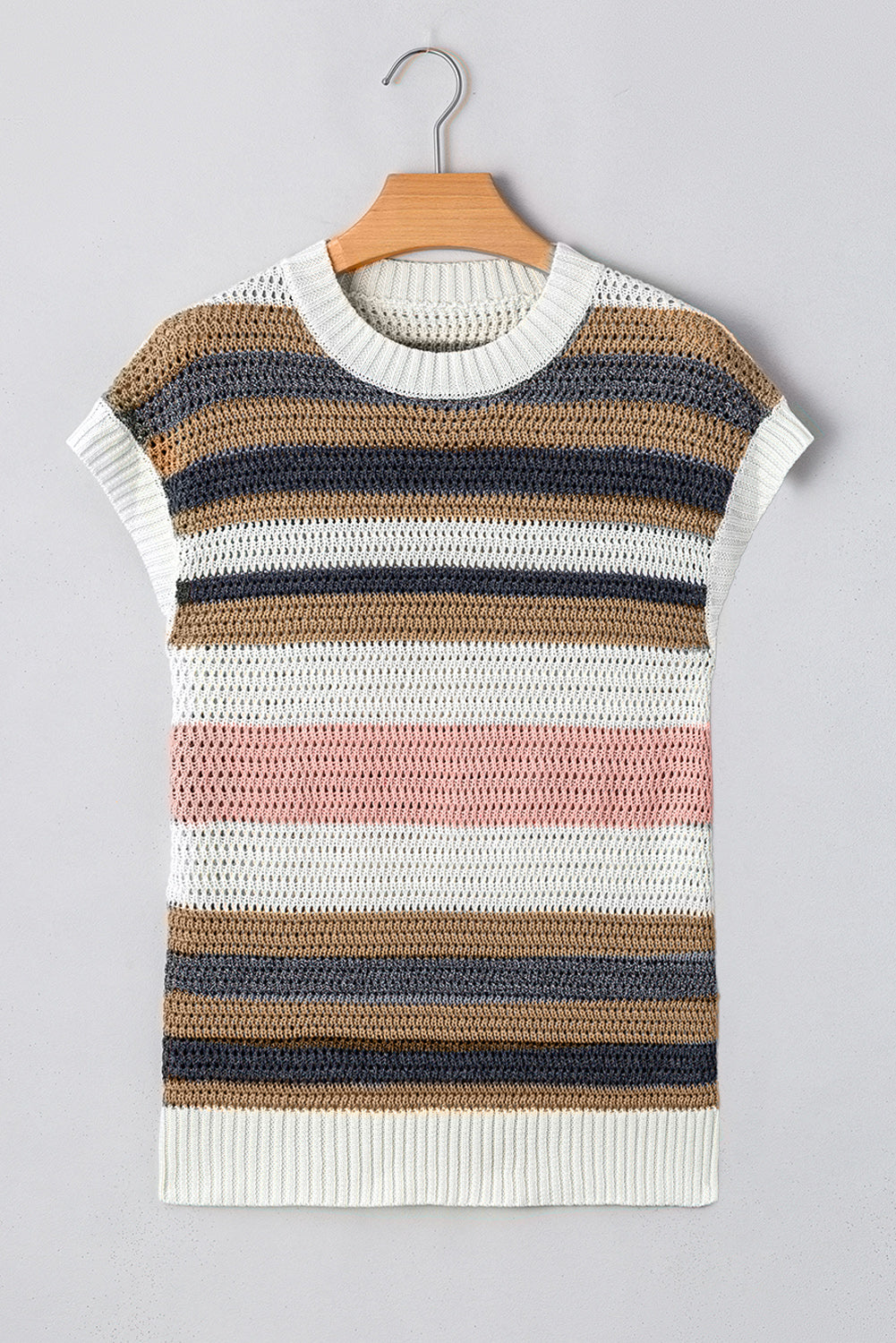 Pink Stripe Colorblock Eyelet Knit Short Sleeve Sweater Tee