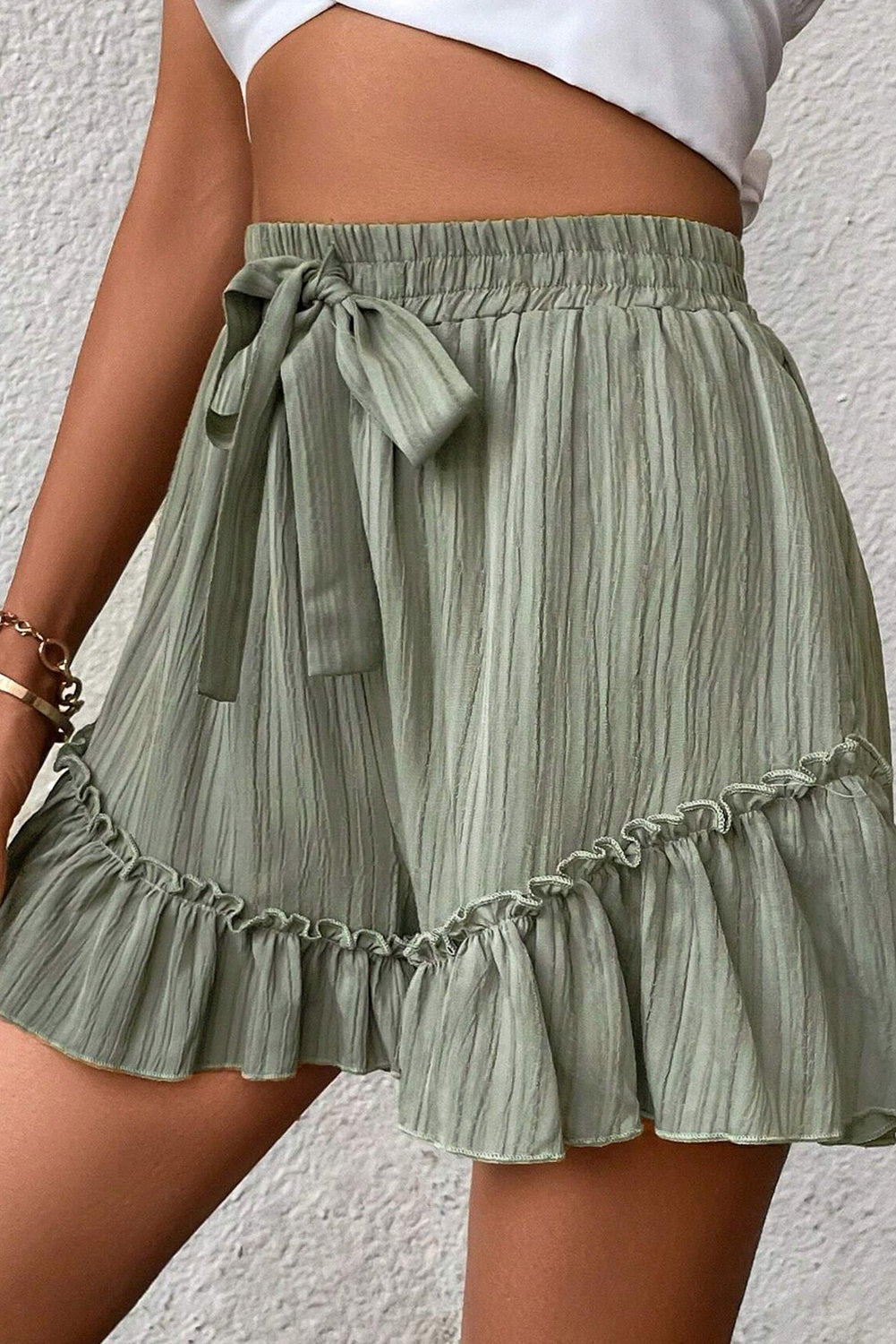 Laurel Green Textured Tie Waist Ruffle Hem Shorts