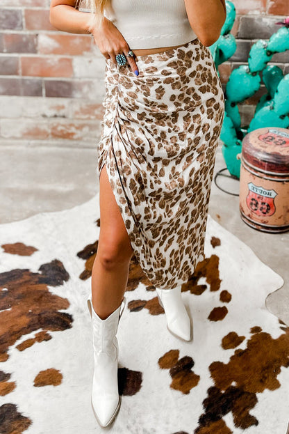 Khaki Leopard Print Side Split Ruched Midi Skirt