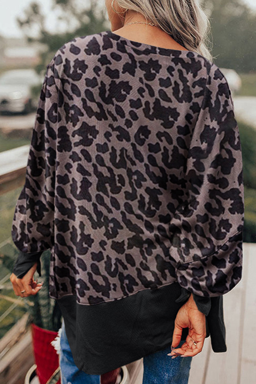Black Leopard Print Bishop Sleeve Oversized Sweatshirt with Slits