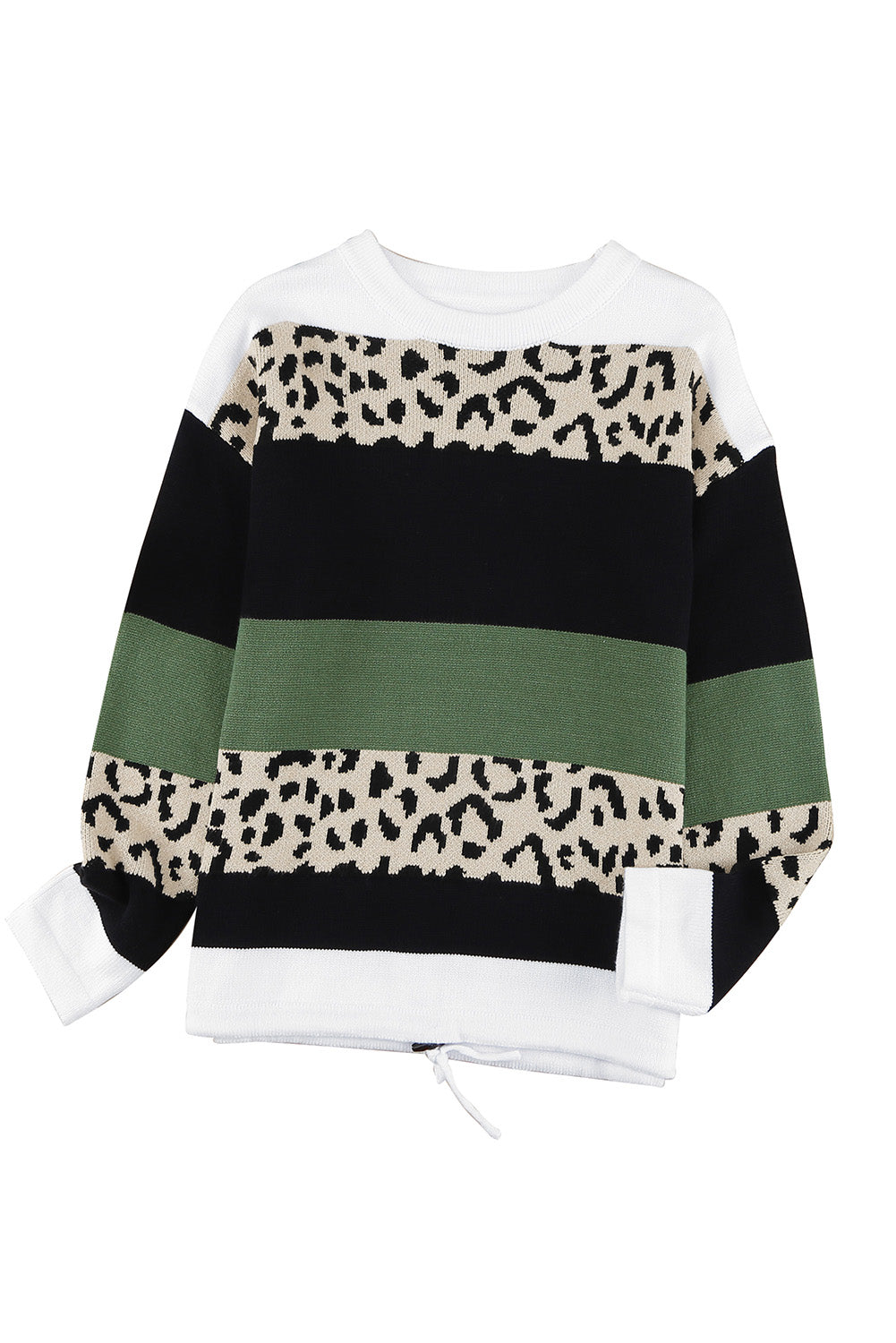 Green Leopard Color Block Casual Knit Pullover Sweater