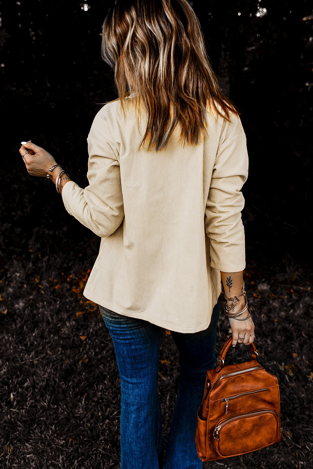 Beige Button Up Patch Pocket Corduroy Shacket