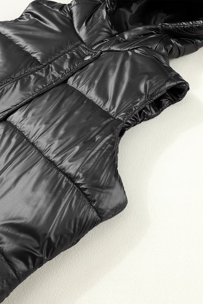 Black Hooded Pocketed Quilted Long Vest Coat