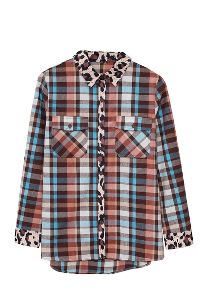 Multicolor Plaid Leopard Trim Collared Button Up Shacket