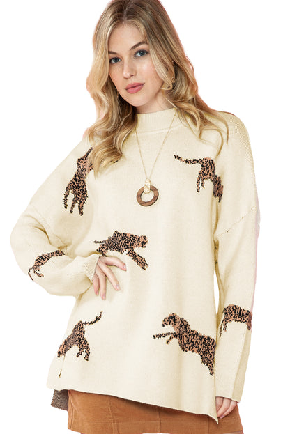 Parchment Cheetah Print High Neck Split Hem Sweater