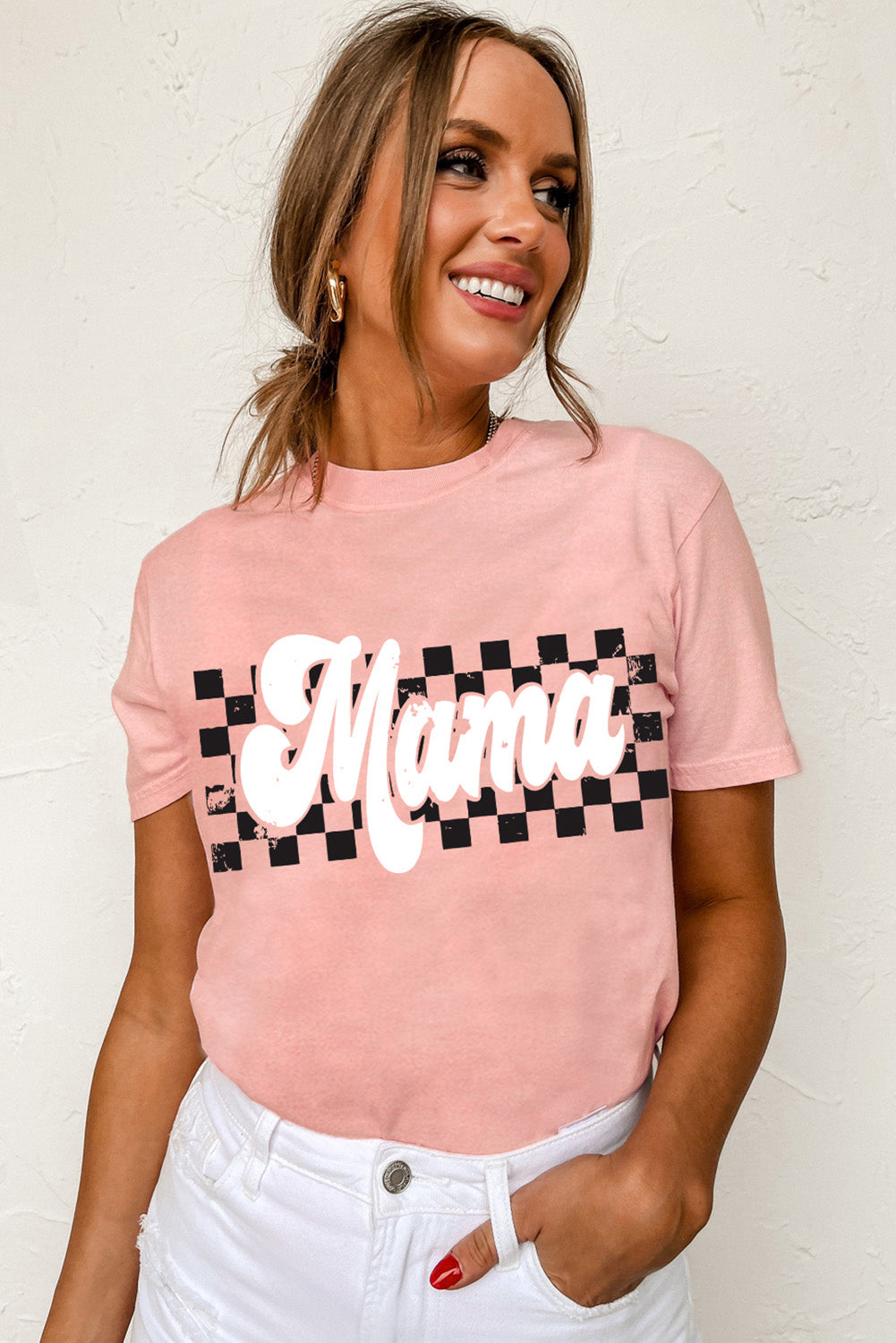 Pink Mama Checkered Graphic O Neck Casual T Shirt