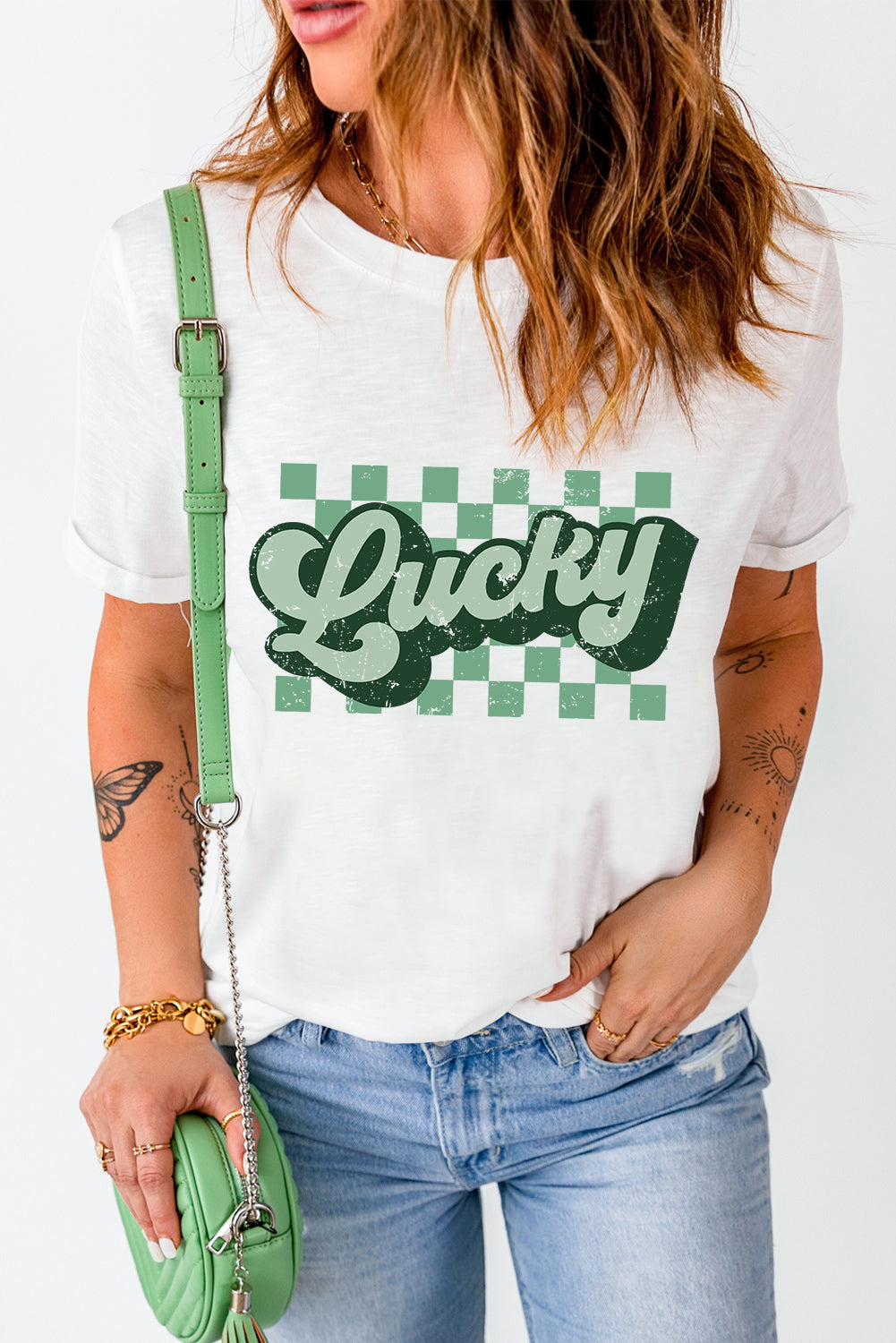 White St Patricks Day Lucky Letter Crewneck Tee