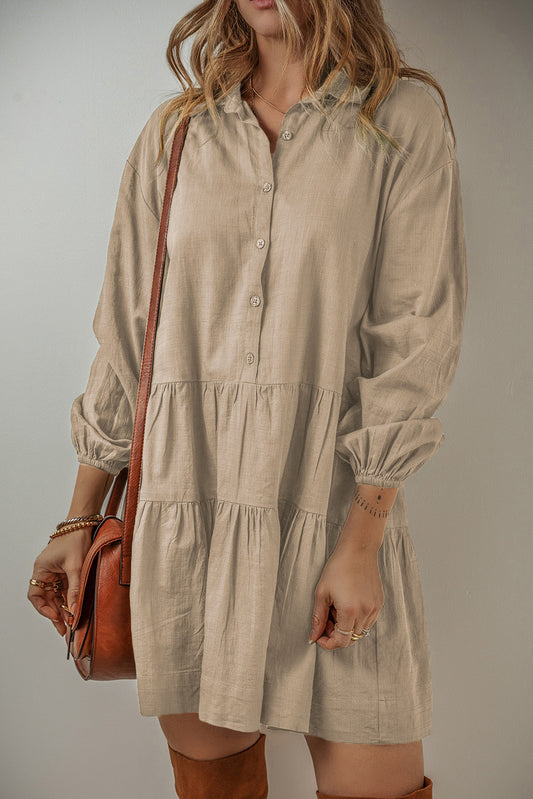 Tan Puff Sleeve Buttoned Tiered Pleated Mini Shirt Dress