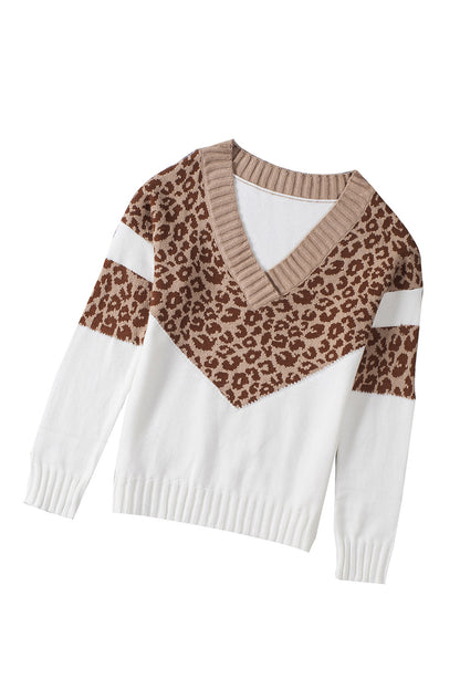 Cheetah Color Block Rib Trim Off Shoulder Pullover Sweater