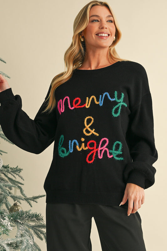 Black Colorful Merry & Bright Tinsel Graphic Sweater