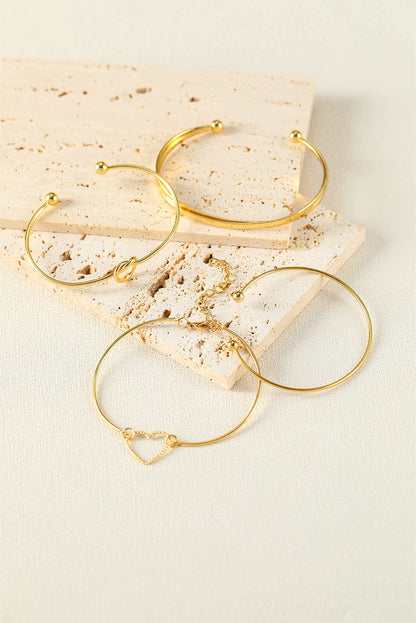 Gold Heart Geometric Knot Open Cuff Bracelet 4-piece Set