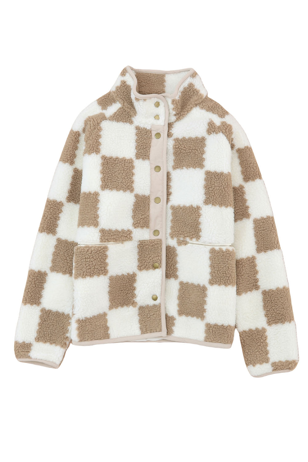 Brown Checked Snap Button Zip Pockets Sherpa Jacket