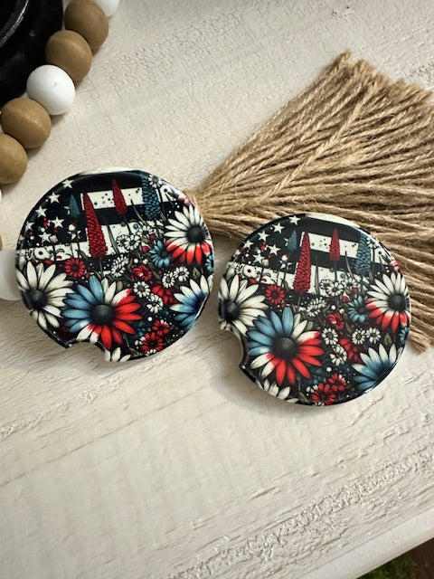 Red White & Blue Flag & Flowers Car Coaster Set