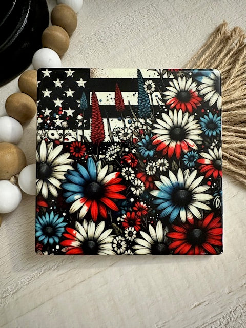 Red, White & Blue Flag & Flowers Ceramic Coaster
