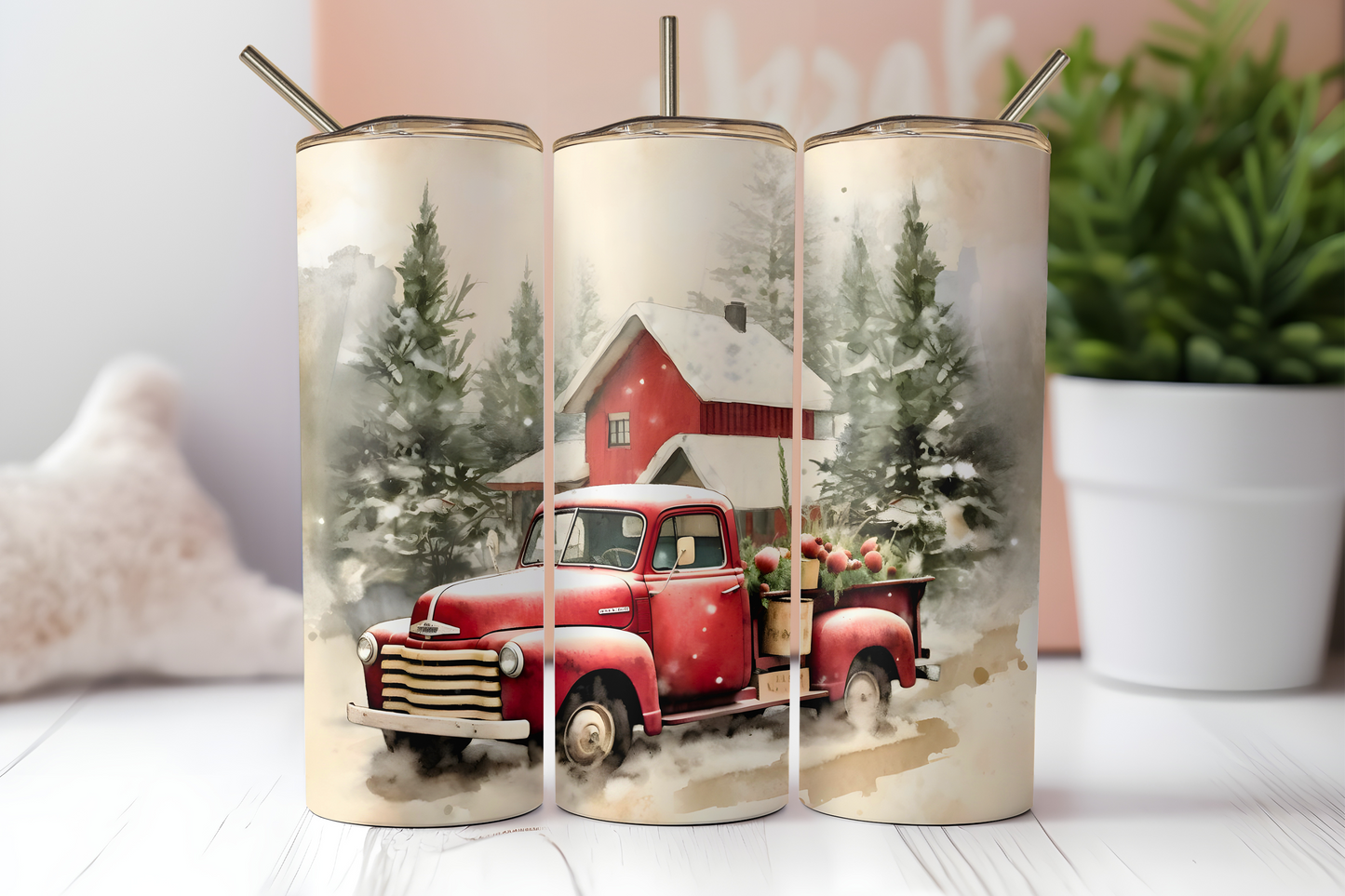 Red Truck & House Christmas 20oz Skinny Tumbler