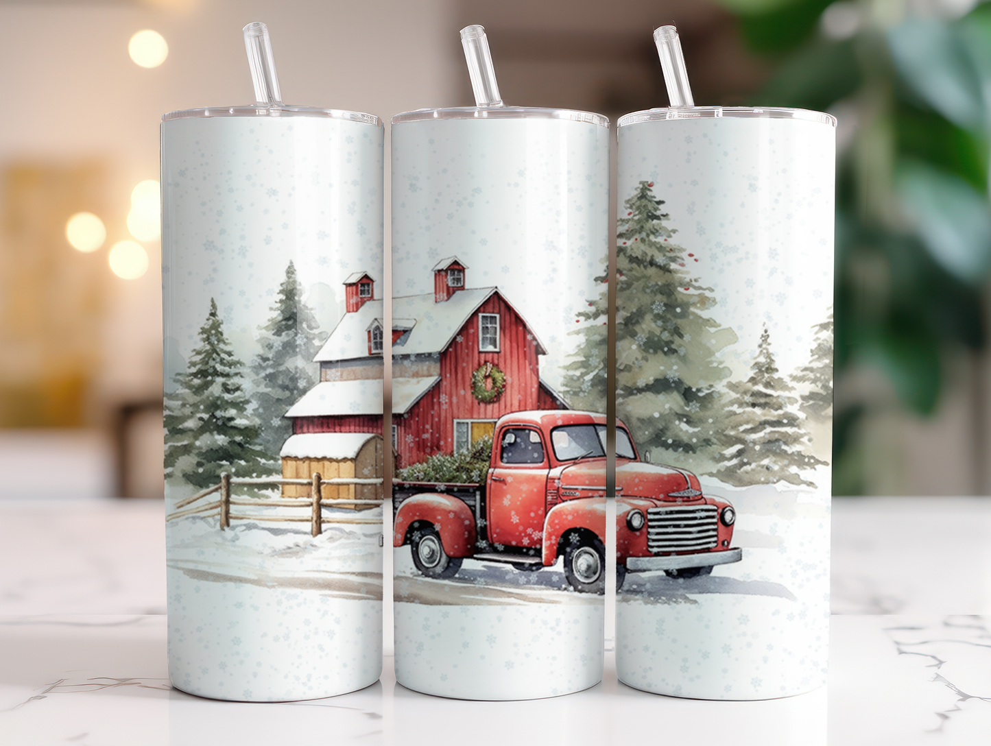 Red Truck & Barn Christmas 20oz Skinny Tumbler