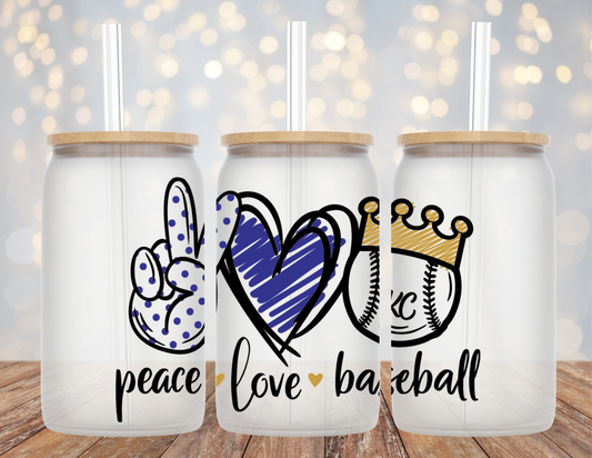 Peace Love KC Royals Baseball Frosted Libbey Glass 16oz