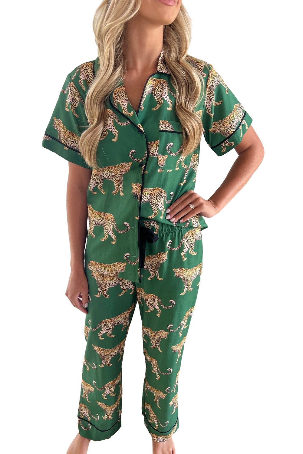 Green Cheetah Print Short Sleeve Shirt and Pants Pajama Set